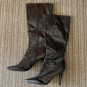 Black Stiletto Snakeskin Knee High Pointy Boots